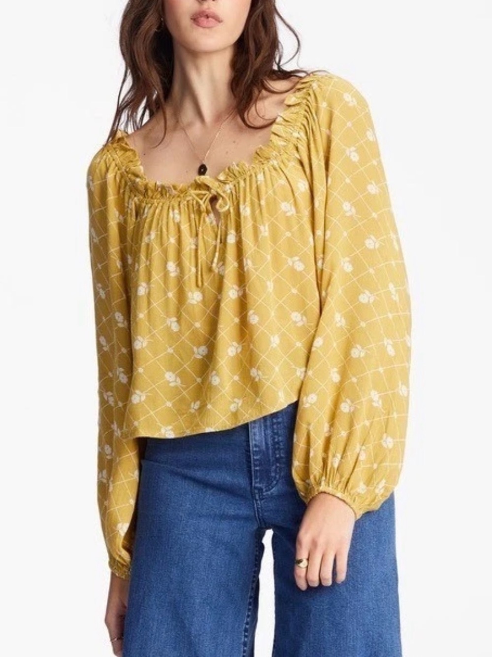 Billabong Fall In Love Women's Yellow Floral Peasant Blouse, Medium, NWT